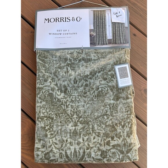 William Morris Window Curtains Panels 38X96 Strawberry Thief Green Embossed 2 PC - Picture 2 of 11